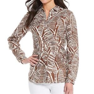 NWOT J. McLaughlin Britt Brown and White Palm Print Linen Blouse - Size Large